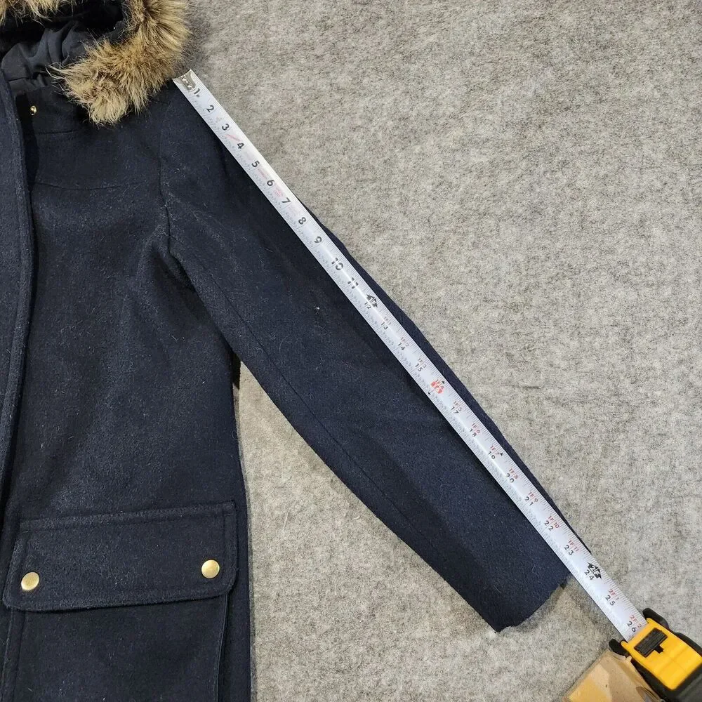 J Crew Womens 4 Vail Parka Wool‎ Blend Faux Fur Hooded Jacket Coat Navy Heavy